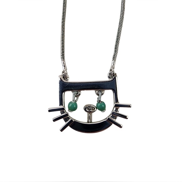 Dior Jewelry - Dior Silver Cat Face Necklace with Green Bead Accents